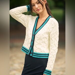 Anthropologie Maeve Varsity Cable-Knit Cardigan Sweater